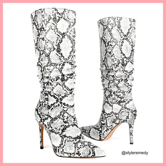 Faux Snakeskin Knee High Boots with Stiletto Heel and Pointed Toe
